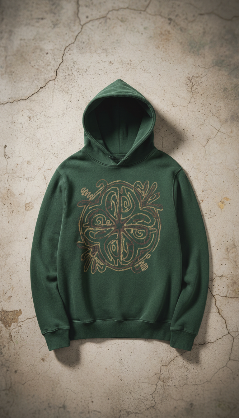 Moss Green Hand-Drawn Motif Hoodie